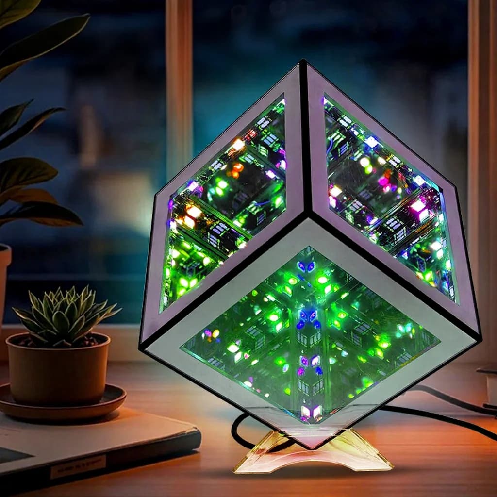 مصباح مكعب لا نهائي 3D مع إضاءة أجواء RGB ووضع تفاعلي مع الصوت