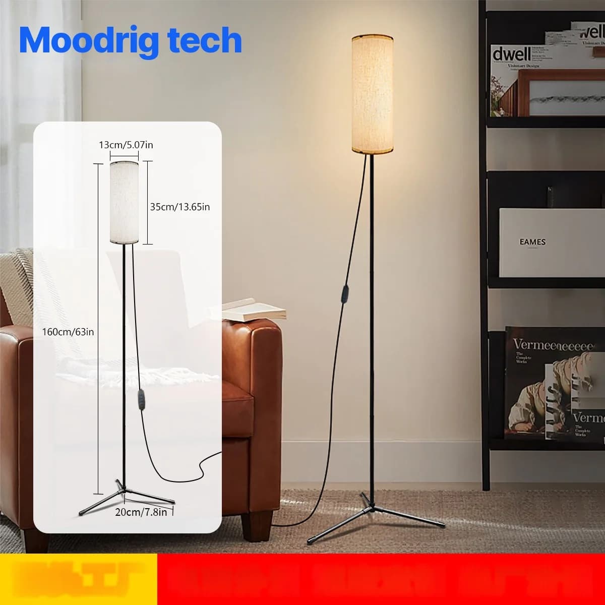 مصباح أرضي LED بظلال قماشية، إضاءة ثلاثية الألوان قابلة للتعتيم