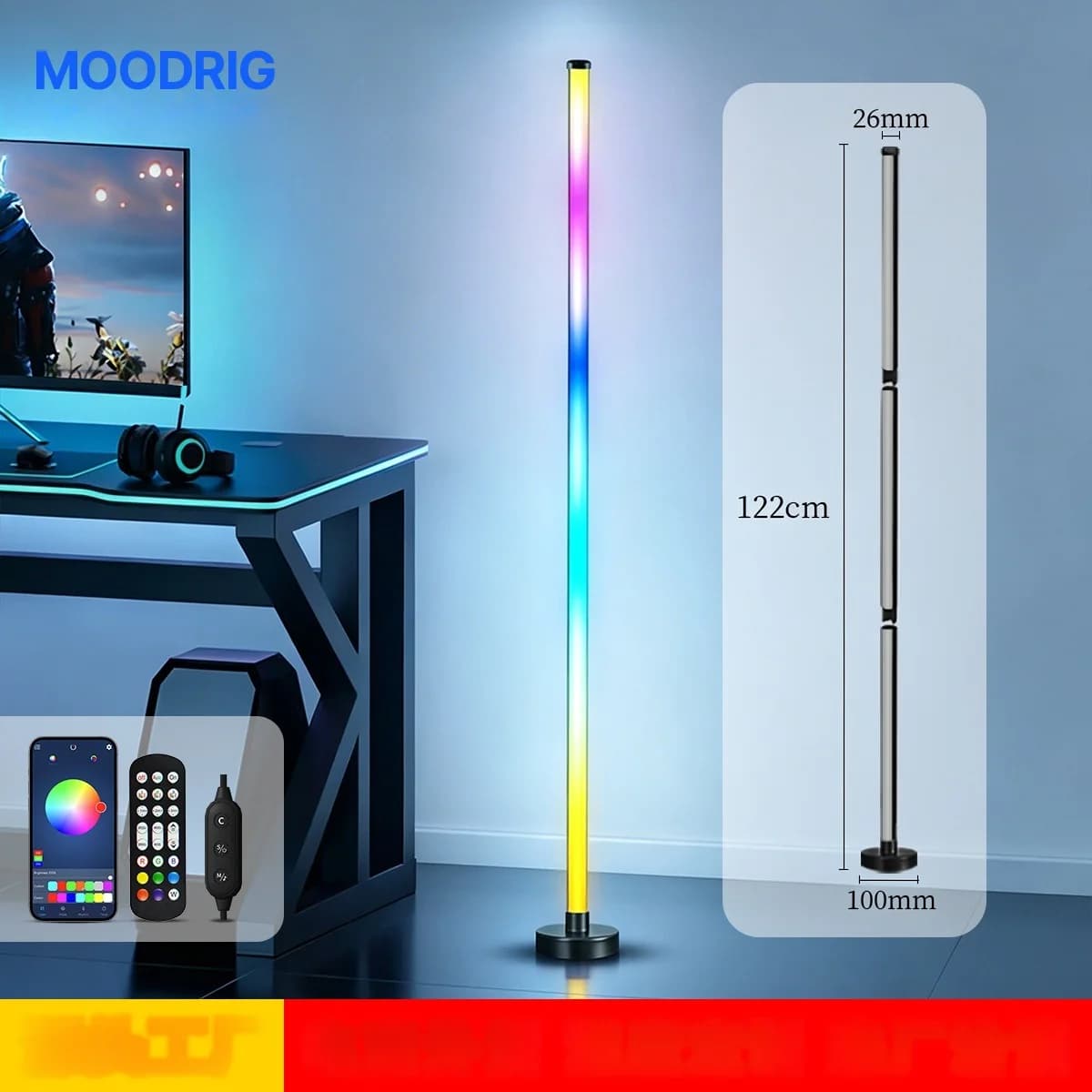 مصباح أرضي زاوي RGB LED مع مزامنة موسيقى وتحكم عبر التطبيق والجهاز عن بعد