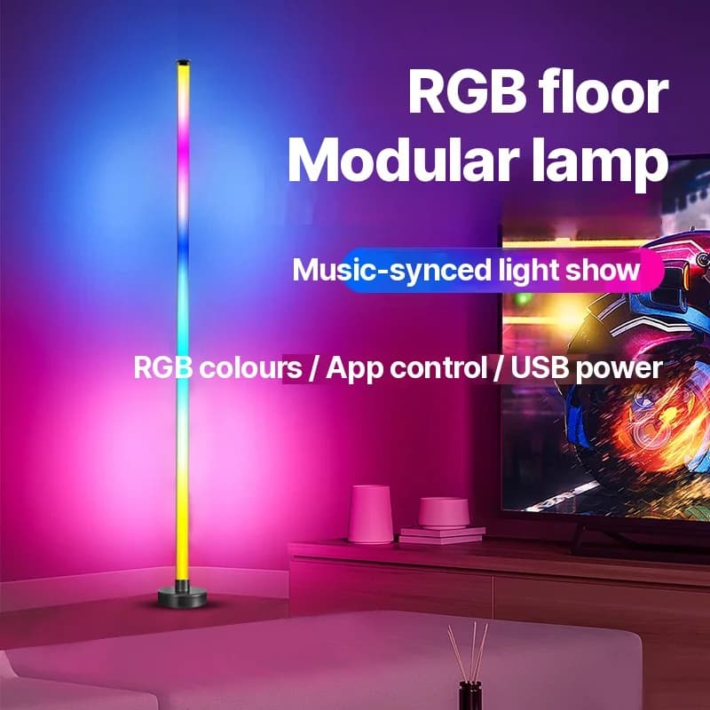 مصباح أرضي زاوي RGB LED مع مزامنة موسيقى وتحكم عبر التطبيق والجهاز عن بعد